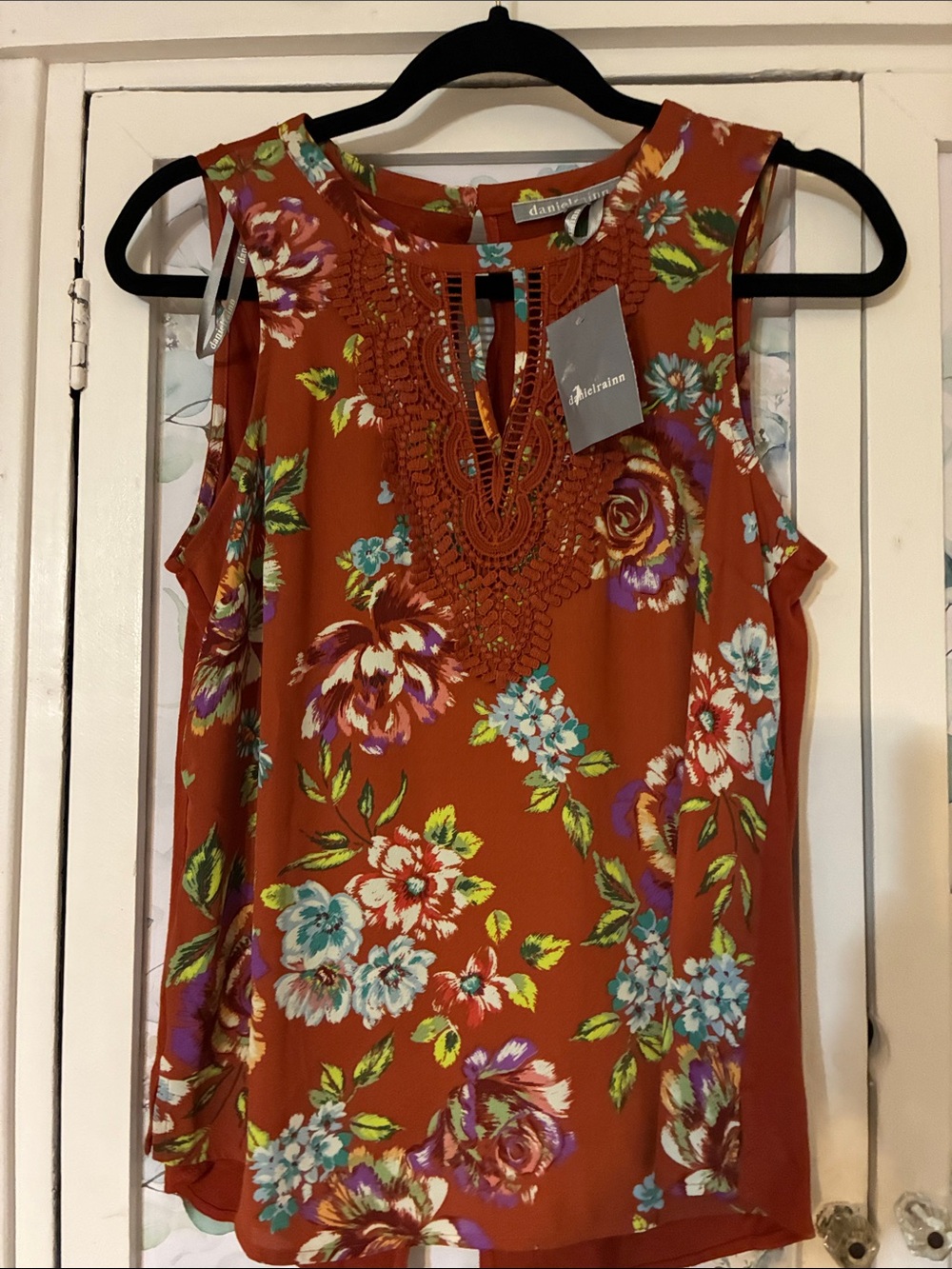 Daniel Rainn Rust Floral Crochet-Trim Sleeveless Top